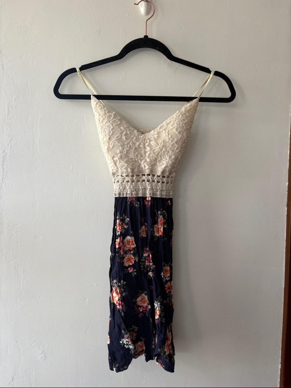 Ivory Lace & Navy Floral Spaghetti Strap  Dress